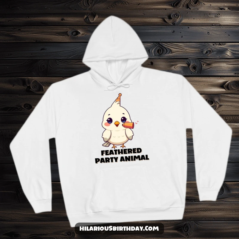 Funny hoodie featuring a kawaii bird character wearing a tiny party blower in its beak, offering warmth and a dose of festive cheer.