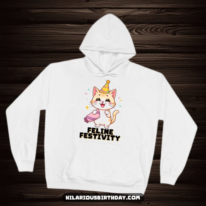 Funny hoodie featuring a joyful cat in a birthday hat, enthusiastically popping a giant party popper, ideal for warm, festive comfort.