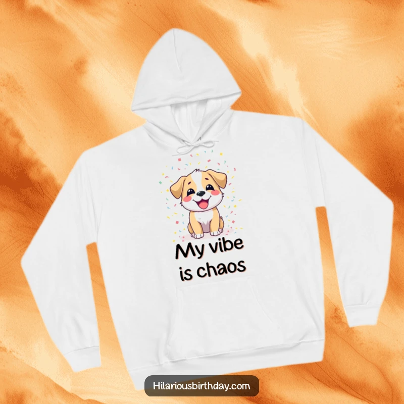 Funny dog hoodie showcasing a joyful dog character scattering colorful confetti, perfect for a cozy and cheerful look.