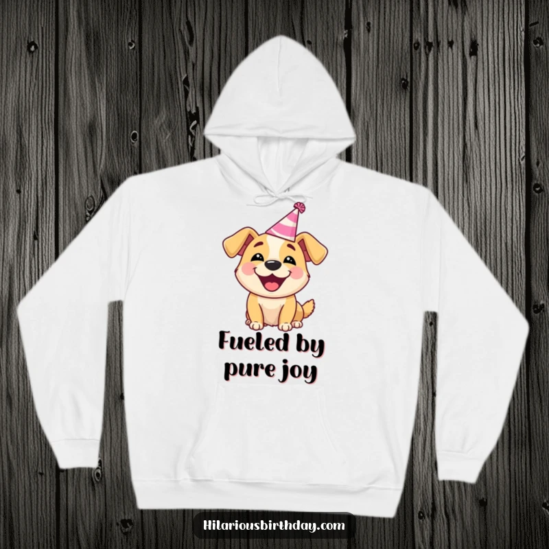 Funny Dog Hoodie: Delighted dog wearing a silly party hat, barking happily, for warm fuzzy feelings.