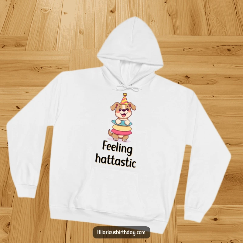 Funny hoodie graphic of a cheerful dog character balancing a wobbly tower of party hats, radiating festive fun and a playful spirit.