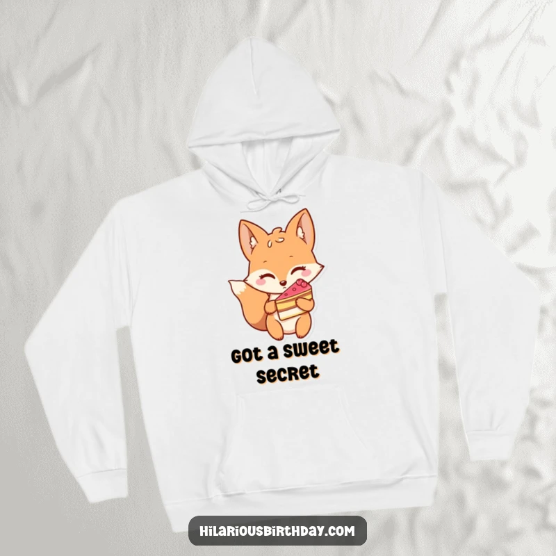 Funny hoodie featuring a sly winking fox character holding a slice of cake, offering cozy comfort and humor.