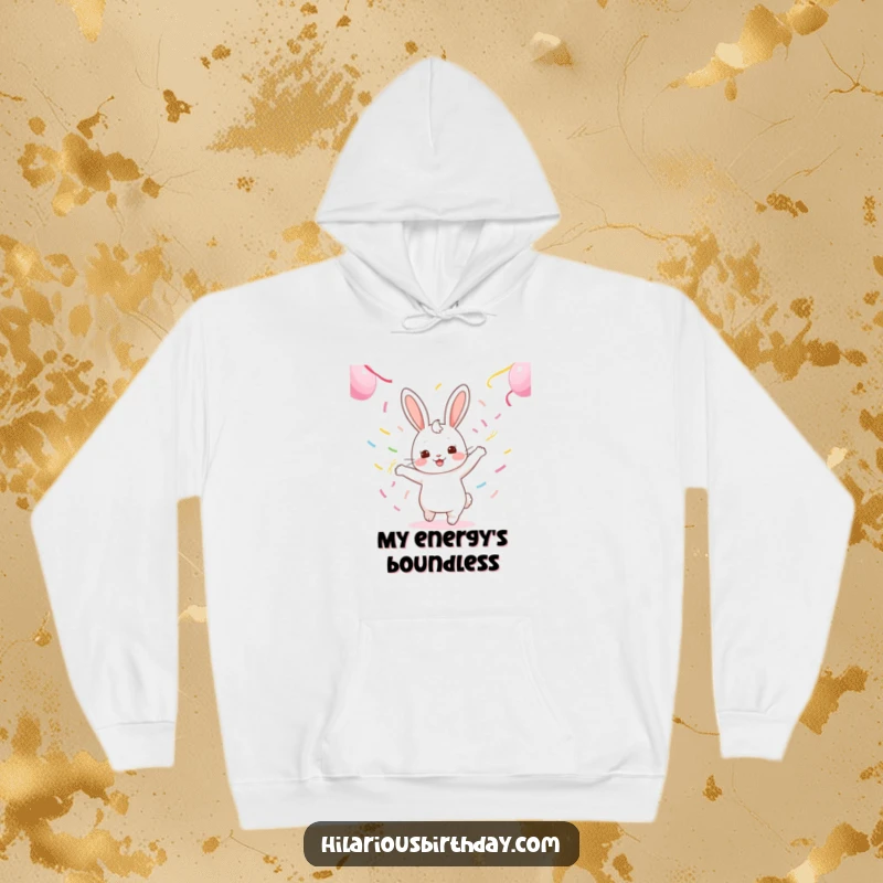 Funny kawaii rabbit character in a hoodie, gleefully dancing with streamers, a cozy and cheerful item.