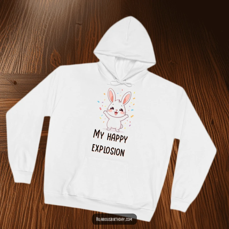 Funny rabbit tossing confetti happily, on a warm hoodie, perfect for cozying up with funny, cheerful vibes.