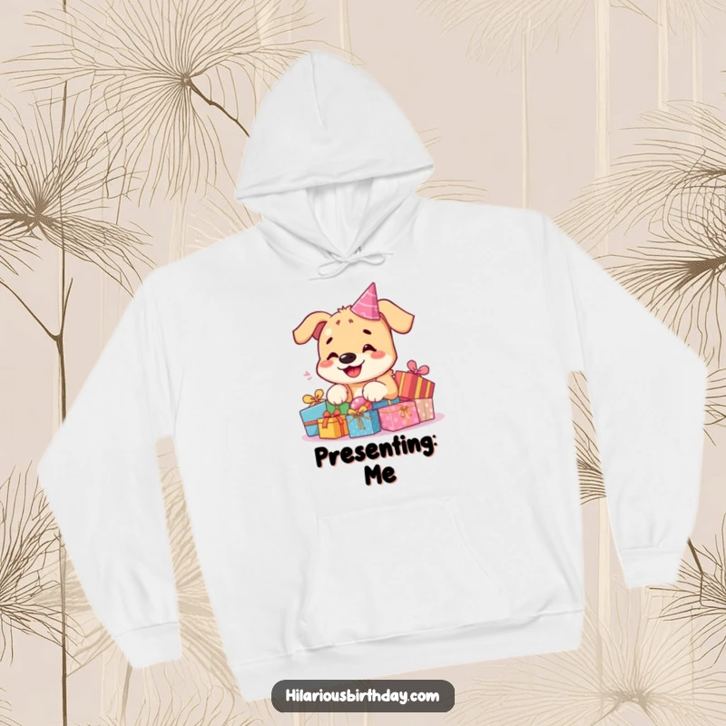 Funny kawaii dog hoodie, a smiling dog surrounded by lots of colorful birthday presents, embodying warmth and festive spirit.