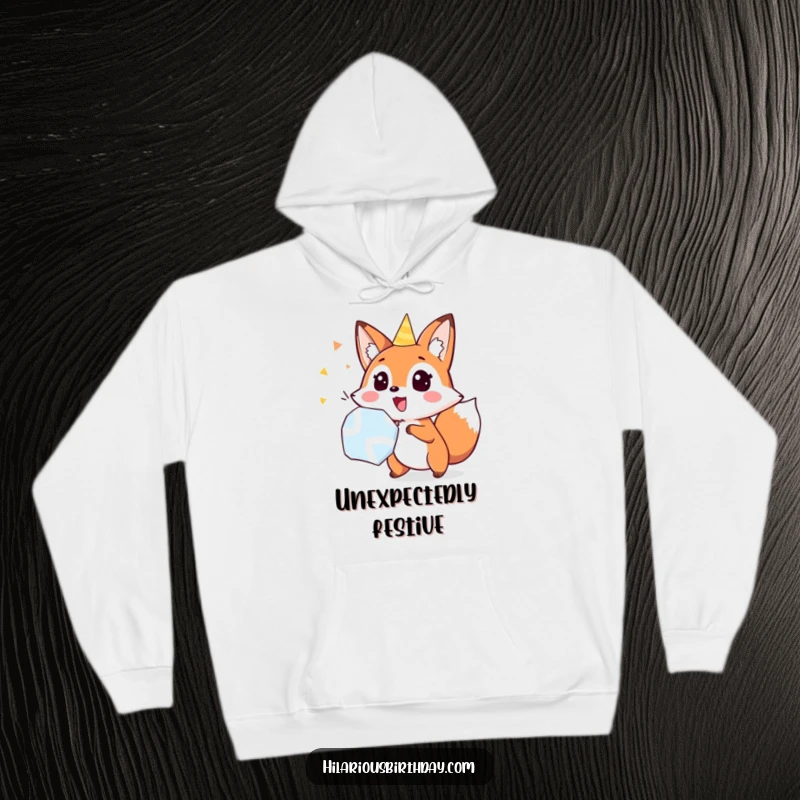 Funny fox popping a party popper with surprise, on a warm hoodie, perfect for cozying up with funny, exciting vibes.