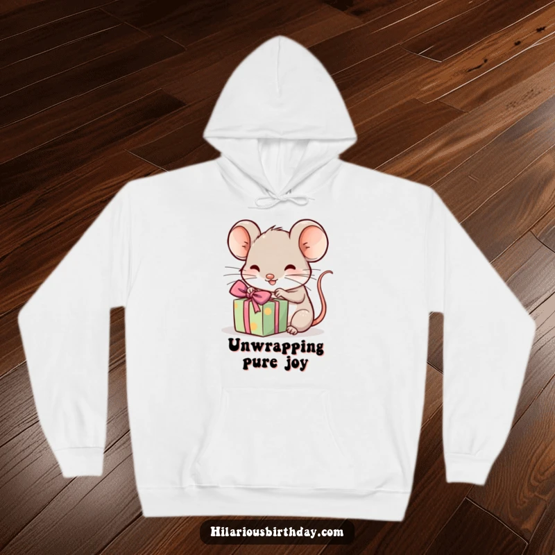 Funny kawaii mouse unwrapping a gift, a cozy hoodie design, perfect funny gift for gift lovers.