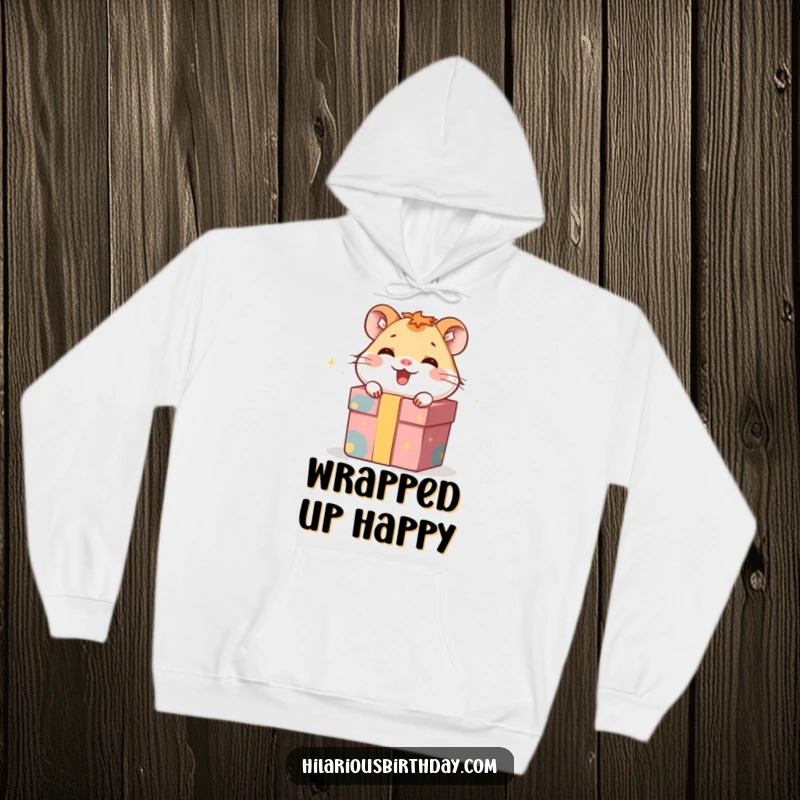 Funny hoodie featuring a giggling hamster peeking out of a gift box, offering cozy comfort and playful charm.