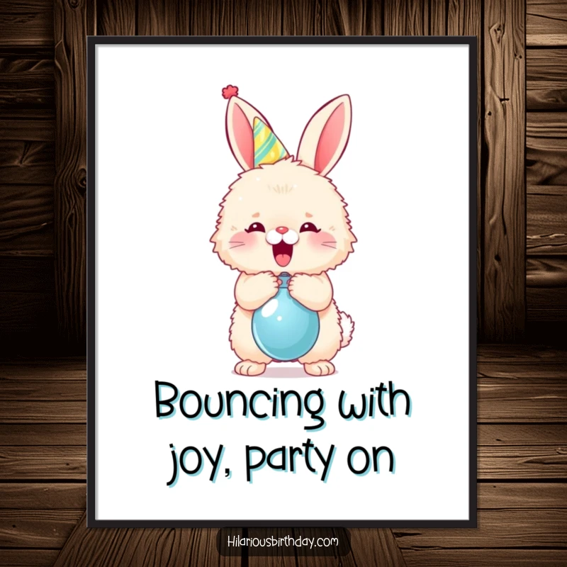 Funny free printable wall art of a fluffy bunny wearing a party hat, enthusiastically popping a balloon with a joyful expression.