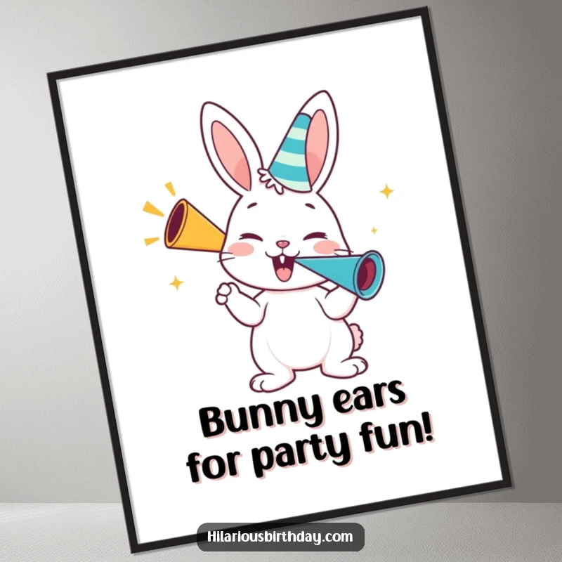 Funny Free Printable Wall Art: A cheerful bunny character is captured mid-blast, blowing a colorful party horn with infectious enthusiasm.