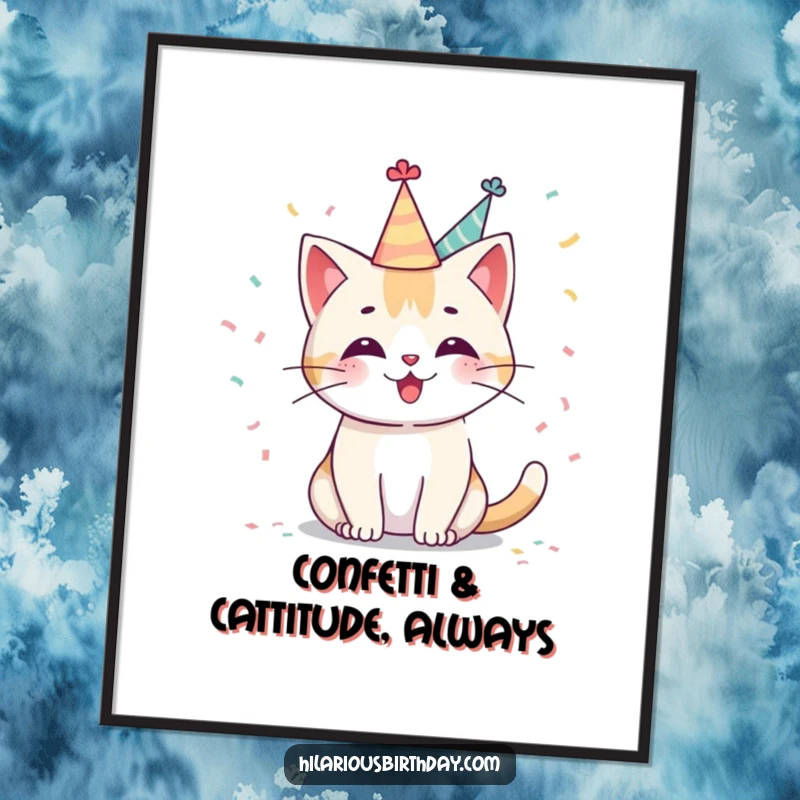 Cute Free Printable Wall Art: A delightful Kawaii cat adorned with a party hat, playfully scattering confetti.