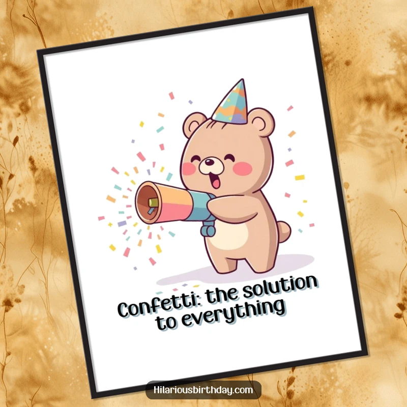 Funny Free Printable Wall Art: A kawaii bear character joyfully blasts confetti from a party cannon, creating a festive and cheerful vibe.