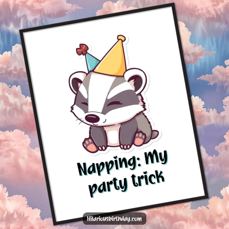 Funny Free Printable Wall Art: A sleepy badger wearing a party hat, exuding cozy, relaxed vibes.