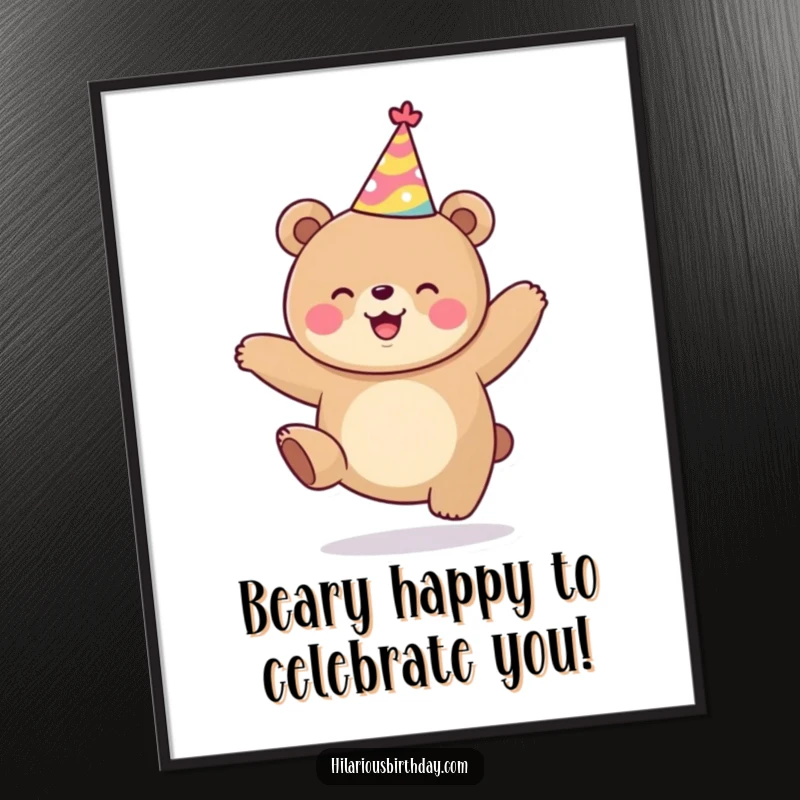 Funny Free Printable Wall Art: A kawaii bear in a party hat captured mid-jump, radiating pure happiness.