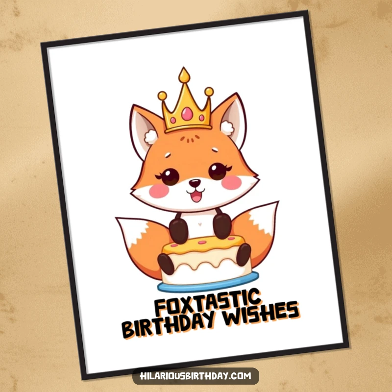 Funny free printable wall art: A kawaii fox wearing a crown proudly holds a sumptuous birthday cake aloft.