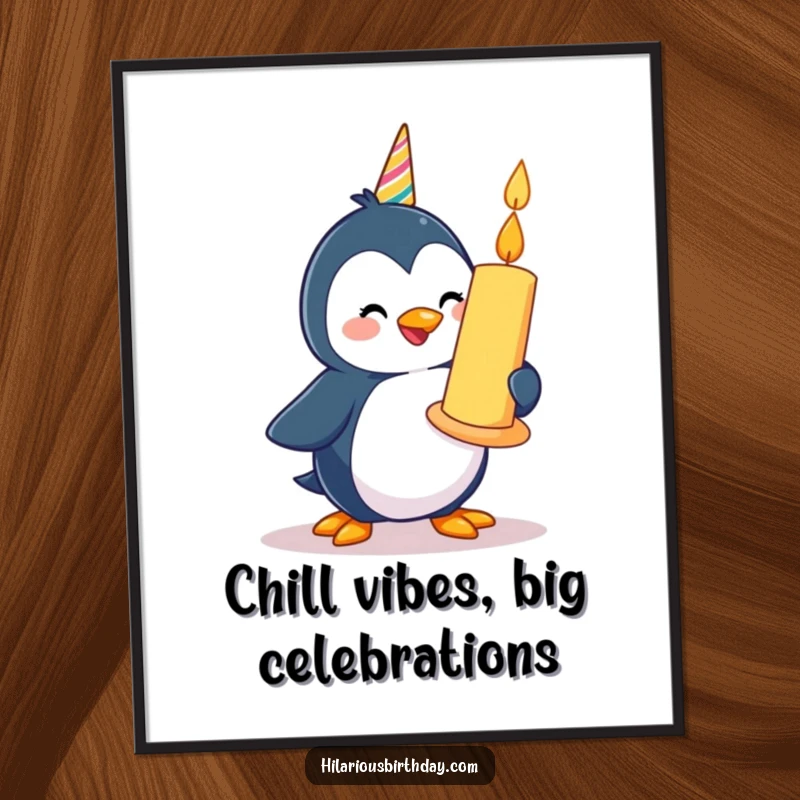 Funny Free Printable Wall Art: A happy penguin waddles with a giant birthday candle, adding cheerful decor.