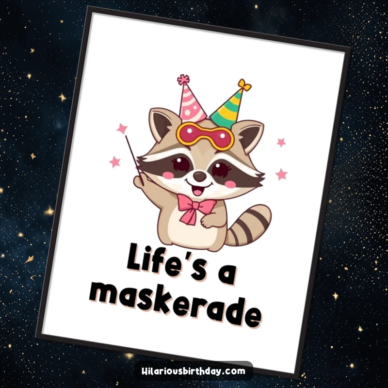 Funny Free Printable Wall Art: A delighted raccoon in a party mask juggles party hats, adding festive decor.