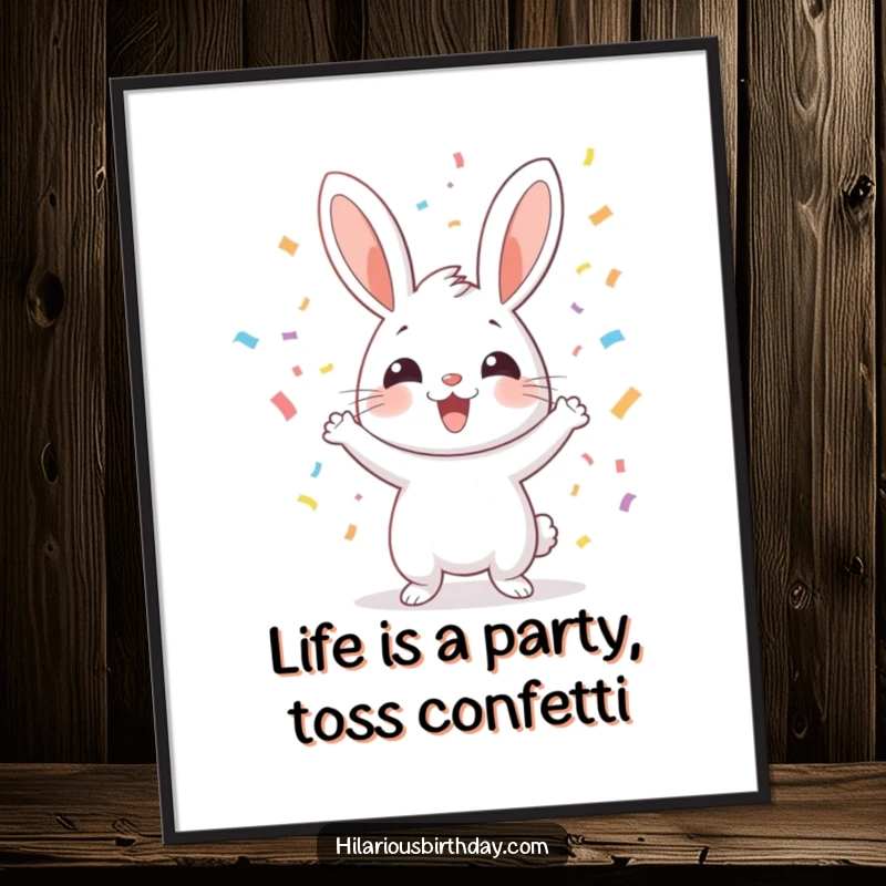 Quirky Free Printable Wall Art depicting a joyful rabbit enthusiastically throwing a burst of colorful confetti into the air.