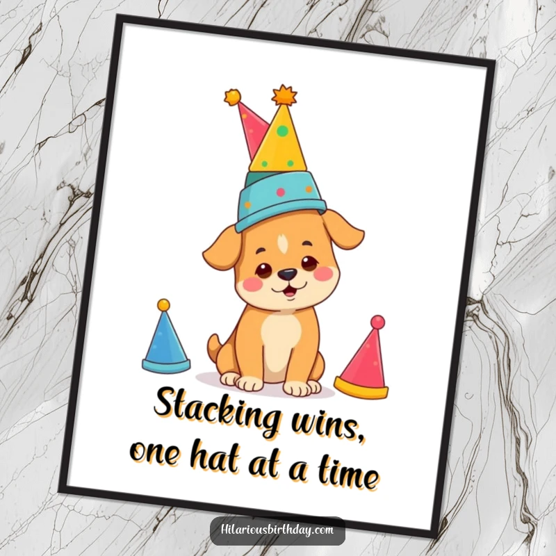 Quirky Free Printable Wall Art depicting a determined dog character balancing a tall, impressive stack of party hats with concentration.