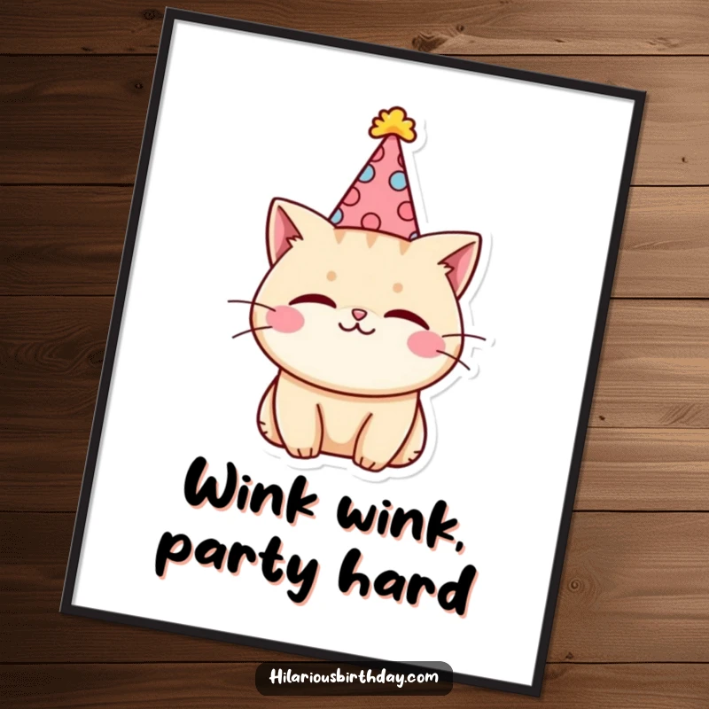 Funny Free Printable Wall Art: A kawaii cat character wearing a silly party hat executes a charming wink, exuding playful sophistication.