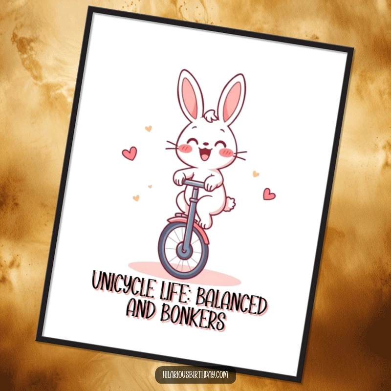 Funny Free Printable Wall Art: Cheerful rabbit gleefully riding a unicycle around a cake, whimsical cartoon art for your home.