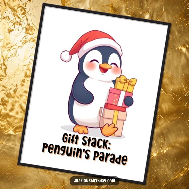 Funny Free Printable Wall Art: A joyful, giggling penguin precariously balancing a huge pile of colorful gifts, radiating pure delight.