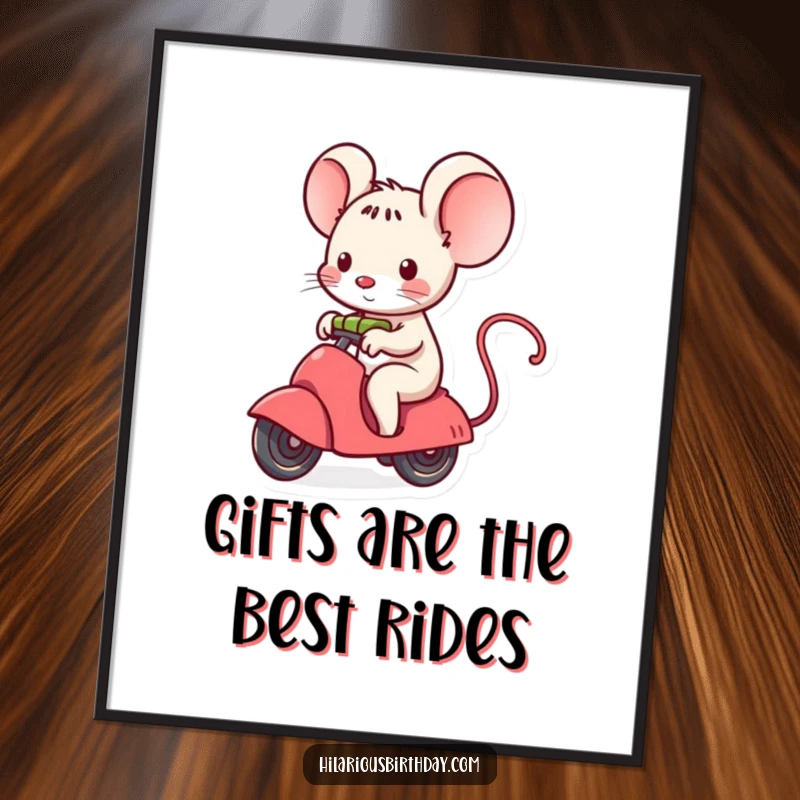 Funny Free Printable Wall Art: A kawaii mouse character rides on a small, unwrapping gift, embarking on a delightful and humorous journey.