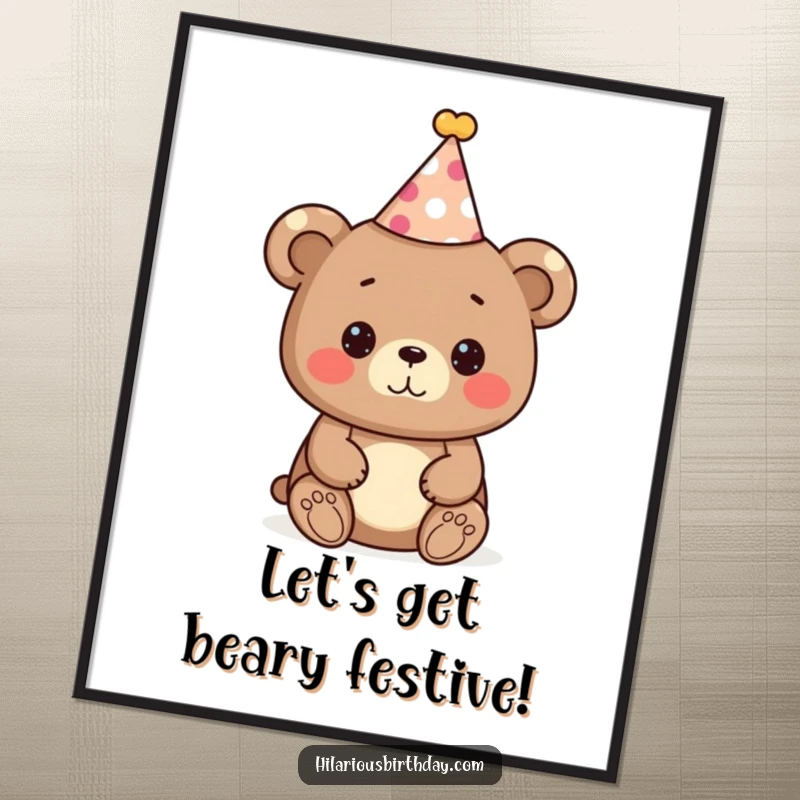 Funny Free Printable Wall Art: A cute, smiling bear character wears a colorful, festive party hat, ready for any celebration.