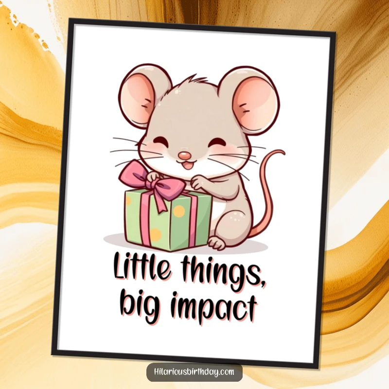 Funny Free Printable Wall Art: A kawaii mouse with wide eyes, excitedly unwrapping a tiny, special gift.