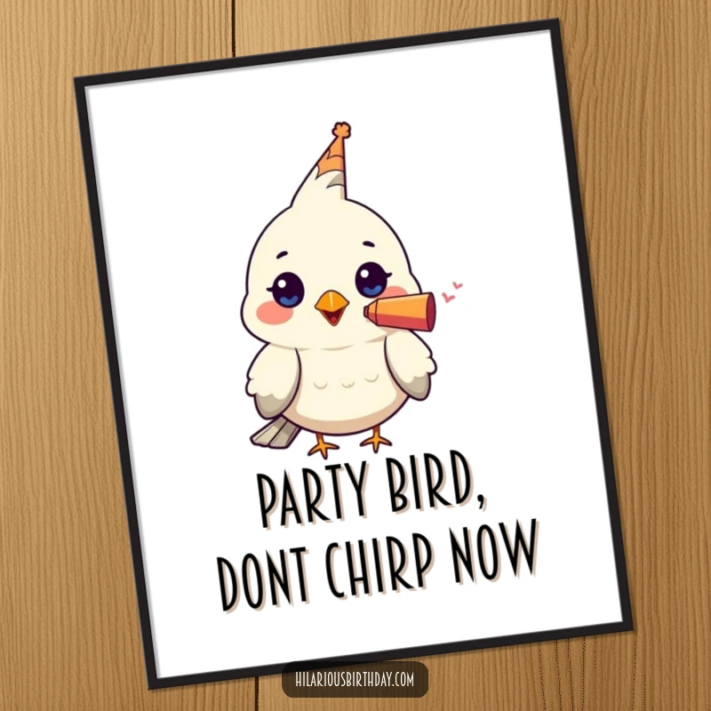 Funny Free Printable Wall Art: A cute kawaii bird holding a small, colorful party blower in its beak, looking festive and happy.