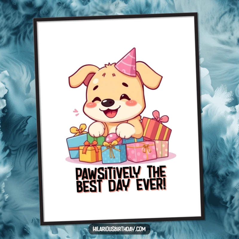 Funny Free Printable Wall Art: Whimsical kawaii dog with a pile of presents, radiating joy and birthday cheer.