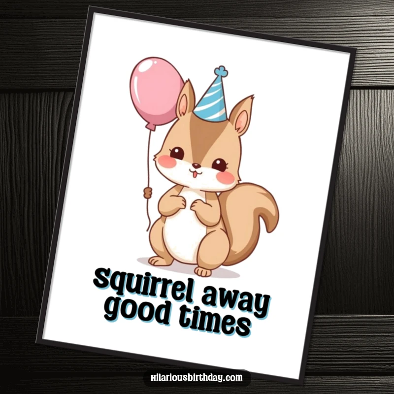 Funny Free Printable Wall Art: A kawaii squirrel wearing a small party hat and holding a colorful balloon.