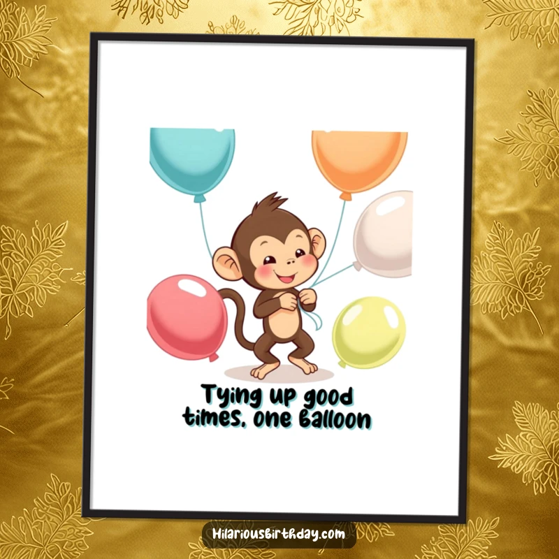 Funny Free Printable Wall Art: A mischievous monkey comically tying balloons together, creating a scene of playful chaos.