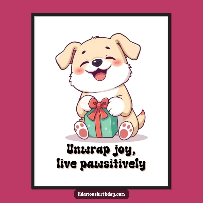Free Printable Kawaii Dog Wall Art: Giggling Pup Unwrapping Gift Downloadable Art