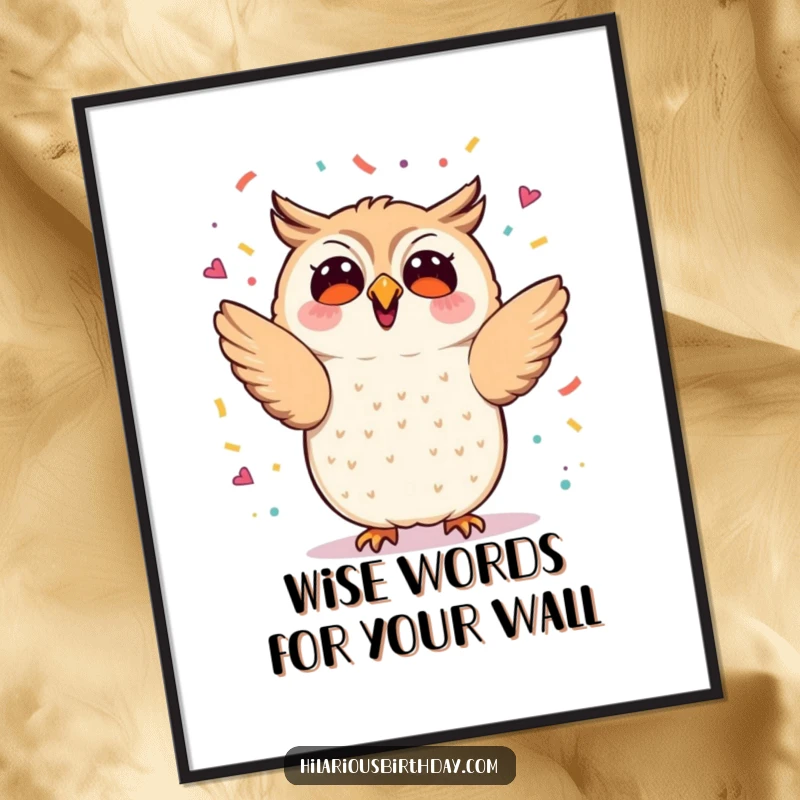 Funny Free Printable Wall Art: A kawaii owl enthusiastically tossing a shower of colorful confetti.