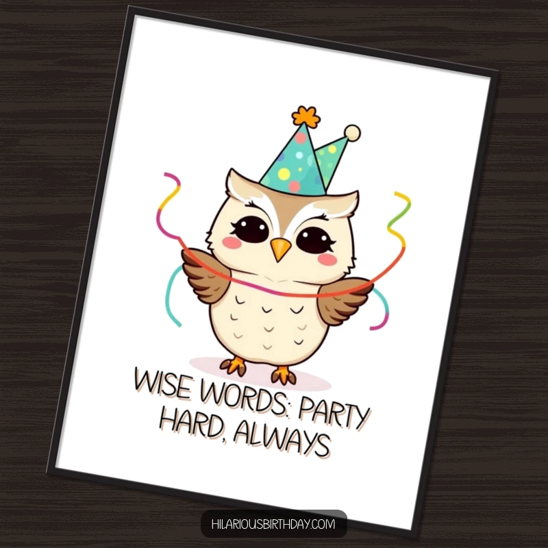 Quirky Free Printable Wall Art showcasing a delighted owl in a party hat, holding streamers, radiating pure celebratory joy.