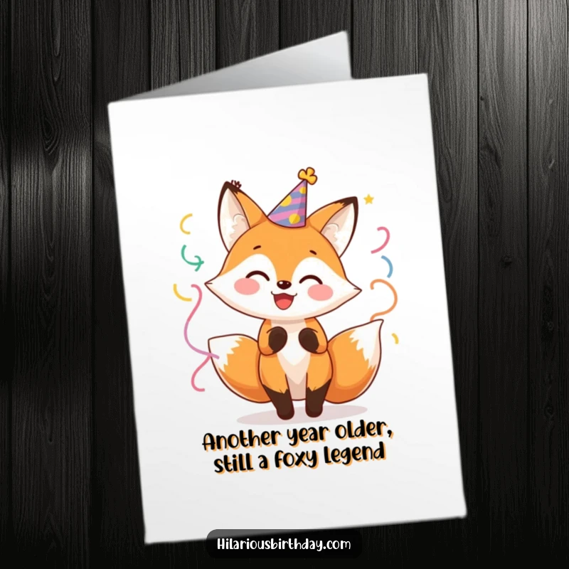 Funny Free Printable Birthday Card featuring a cheerful fox in a party hat, joyfully twirling with colorful streamers, ready to celebrate.