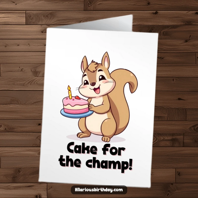 Funny Free Printable Birthday Card featuring a jolly squirrel character precariously balancing a slice of birthday cake, ready to celebrate.