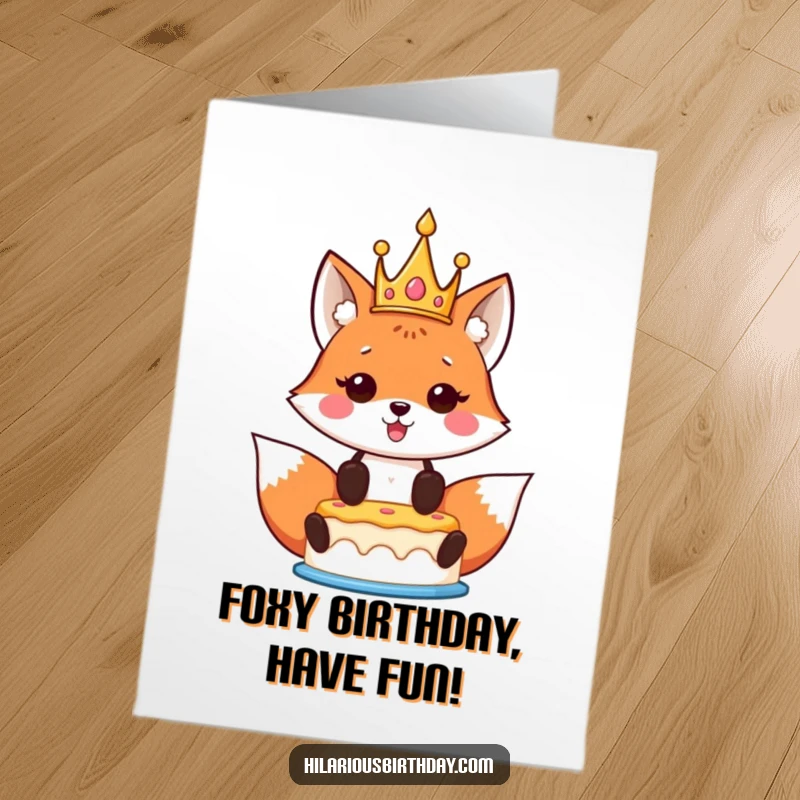 Funny free printable birthday card: A kawaii fox wearing a golden crown proudly holds a birthday cake high.
