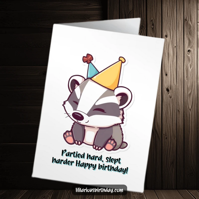 Funny Free Printable Birthday Card: A sleepy badger wearing a party hat, just waking up to celebrate.