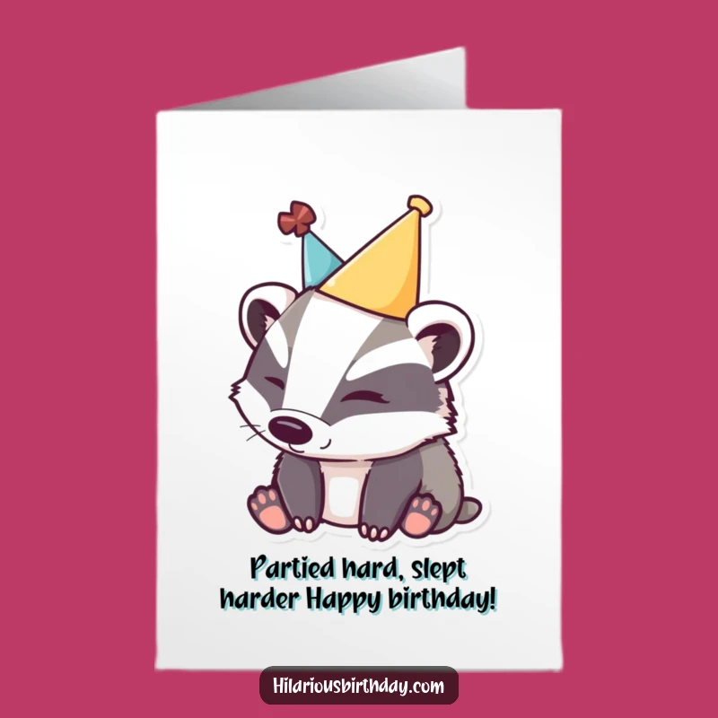 Free Printable Badger Birthday Card: Funny Sleepy Party Hat Greeting Downloadable Gift