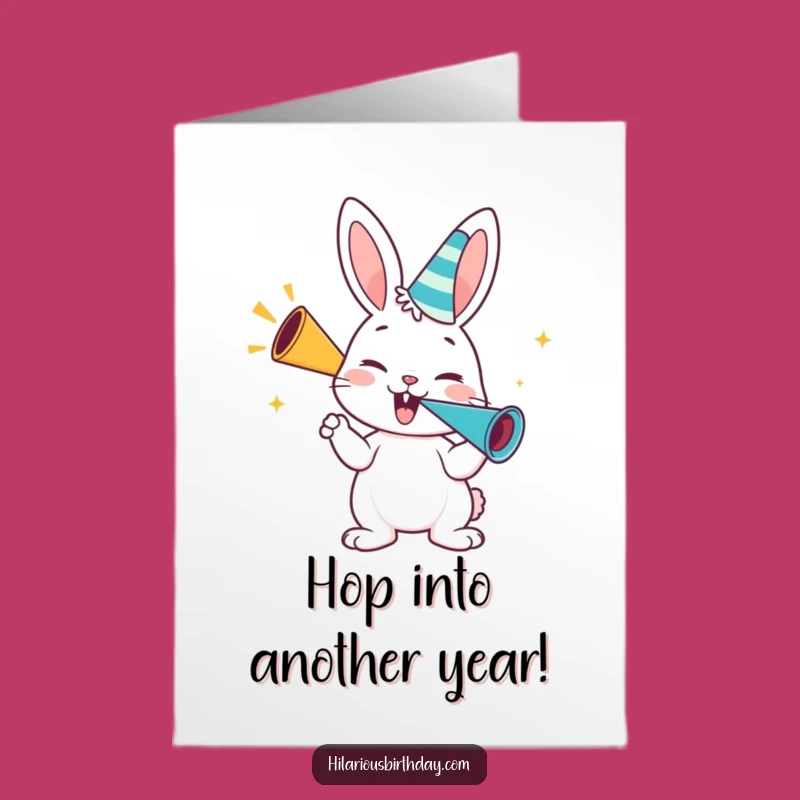 Free Printable Birthday Card: Bunny Blowing Horn, Enthusiastic DIY Download