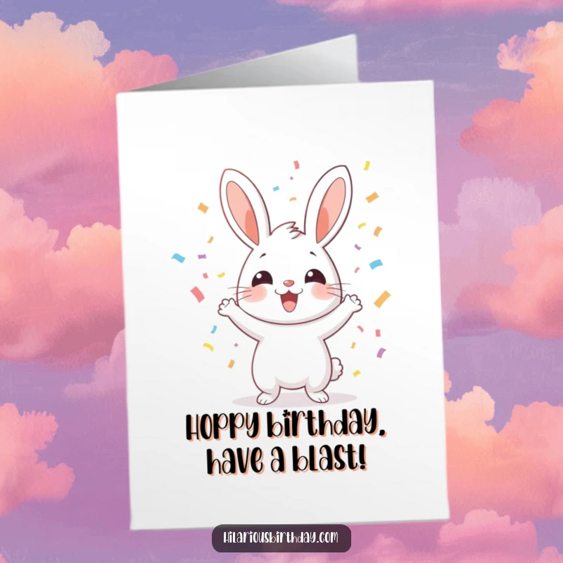 Funny Free Printable Birthday Card with a happy rabbit enthusiastically throwing colorful confetti high into the air.