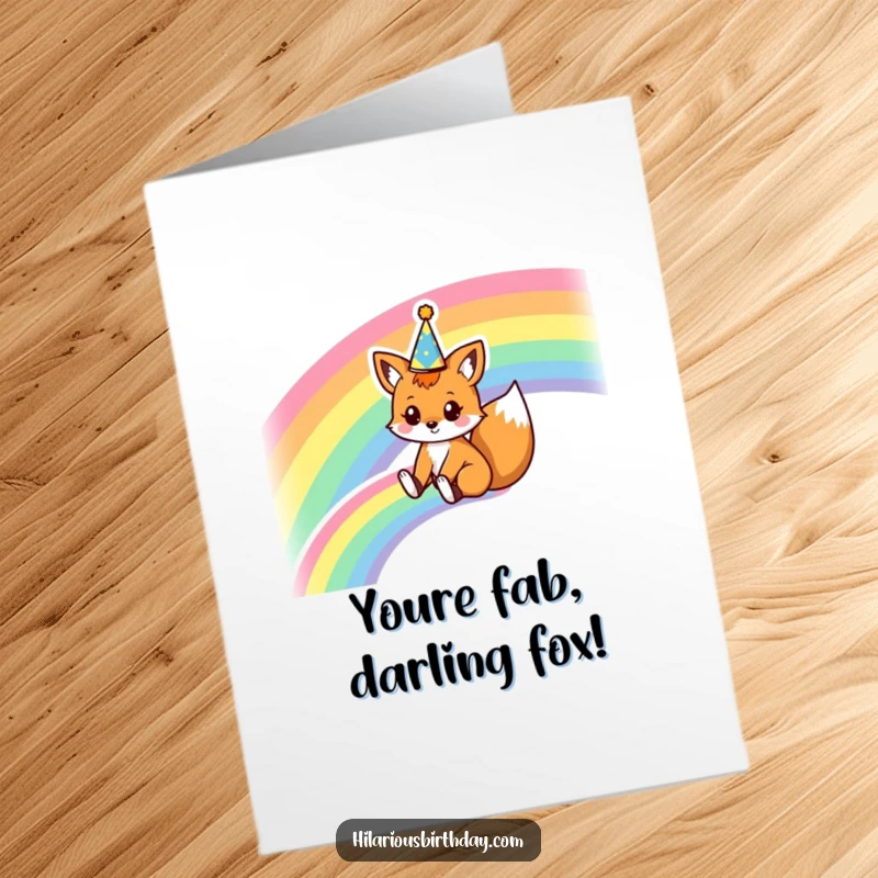 Funny Free Printable Birthday Card: A cute kawaii fox wearing a party crown, joyfully sliding down a vibrant rainbow.