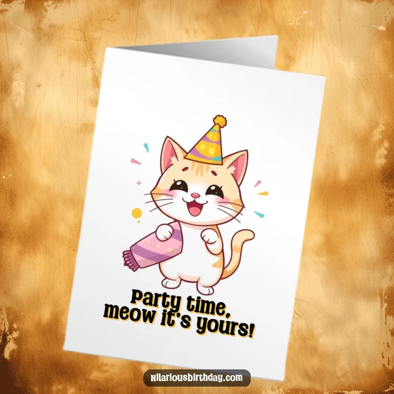 Funny Free Printable birthday card of a happy cat in a festive hat, enthusiastically popping a giant party popper.