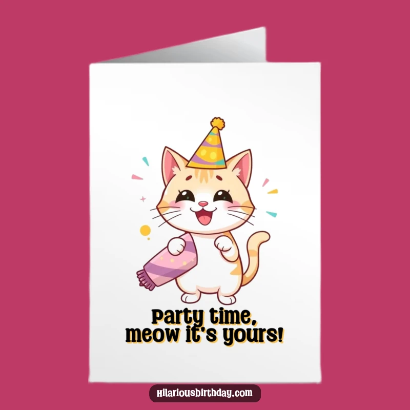 Free Printable Birthday Card: Happy Cat with Party Popper - Festive Downloadable Gift