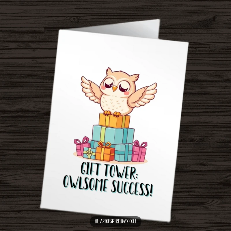 Funny Free Printable Birthday Card features a delighted owl perched atop a mountain of colorful gift boxes, ready to celebrate.