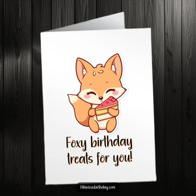 Funny Free Printable Fox Birthday Card: A sly fox winks while holding a tempting slice of birthday cake.