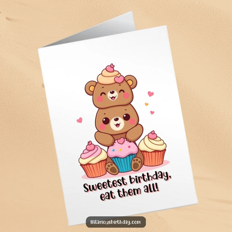 Funny free printable birthday card featuring a cheerful bear expertly stacking colorful cupcakes, ready for a sweet celebration.