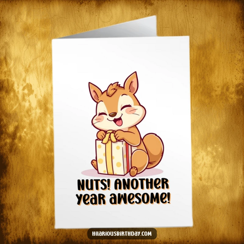 Funny Free Printable Birthday Card: A giggling squirrel rapidly unwraps a gift with excited paws, full of birthday cheer.